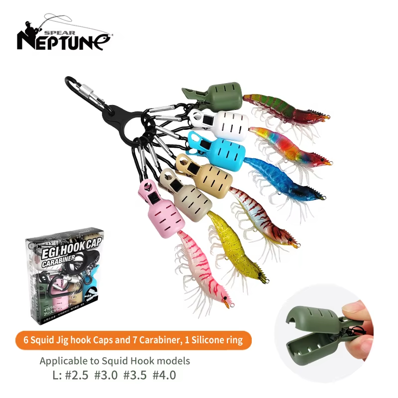 Fishing Hook Jig - ชุดอุปกรณ์ป้องกันหัวเบ็ดปลาหมึกหลากสี 6 ชิ้น พร้อมคาราบิเนอร์ ฝาครอบเหยื่อปลาหมึกยักษ์ อุปกรณ์ตกปลาปลาหมึก