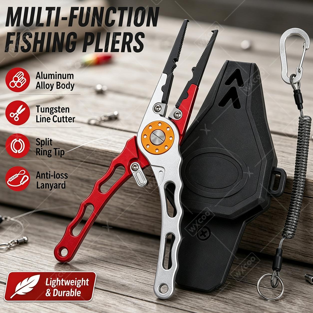 Fishing Hook Sharpener - คีมตัดสายเบ็ด WXCOO พร้อมที่ถอดตะขอ คีมตัดสายถักทังสเตนคาร์ไบด์ คีมตกปลาอะลูมิเนียม ทนทานต่อน้ำเค็ม